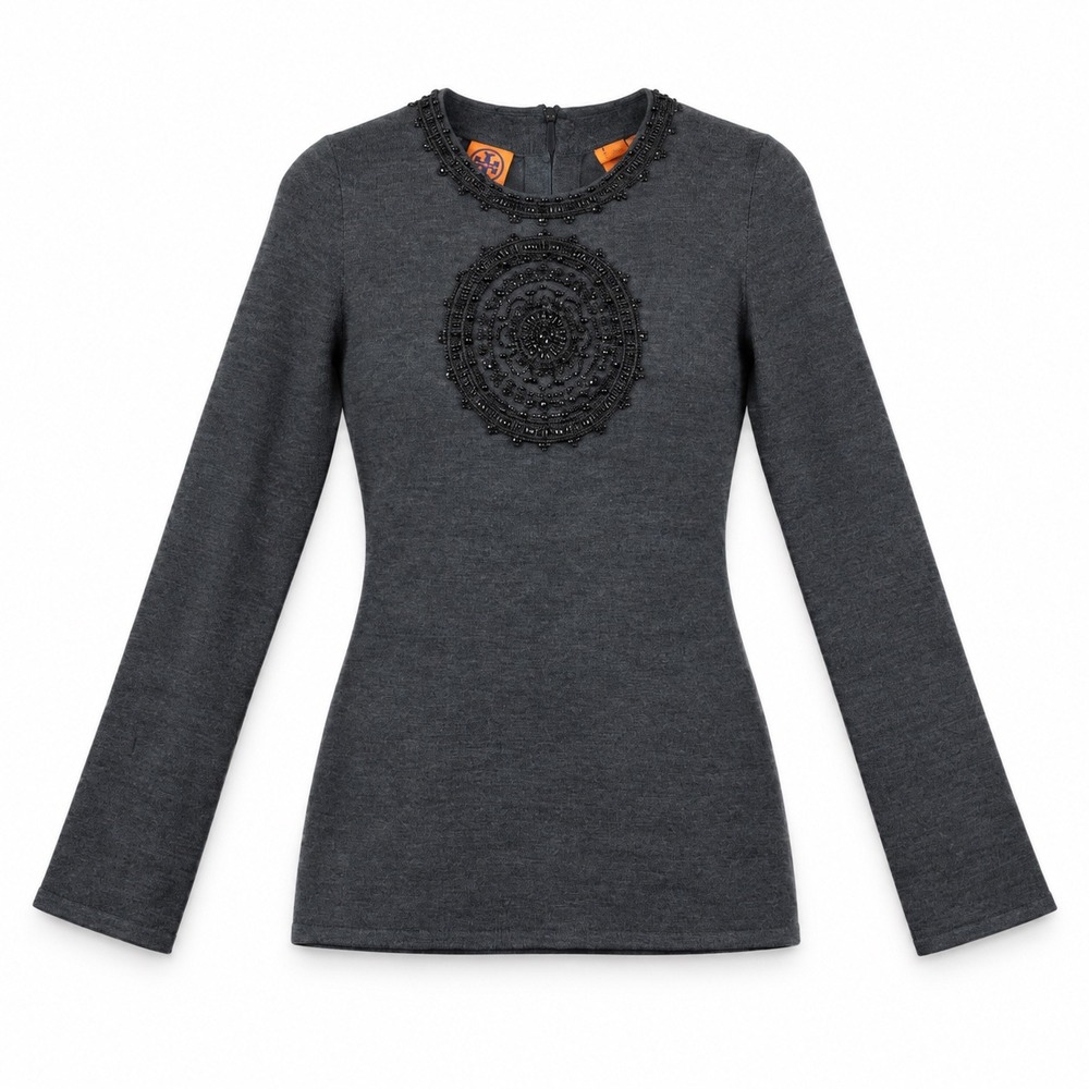 Tory Burch Womens S Gray Wool Beaded Medallion Sweater Back Zip Designer Flawed